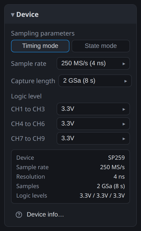 The Device card on an SP259