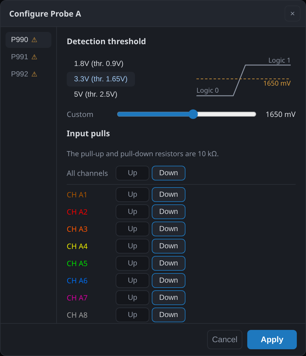 The probe configuration dialog