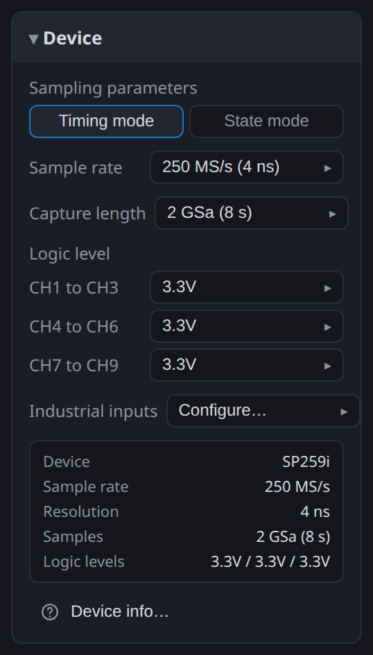 The Device card on an SP259i