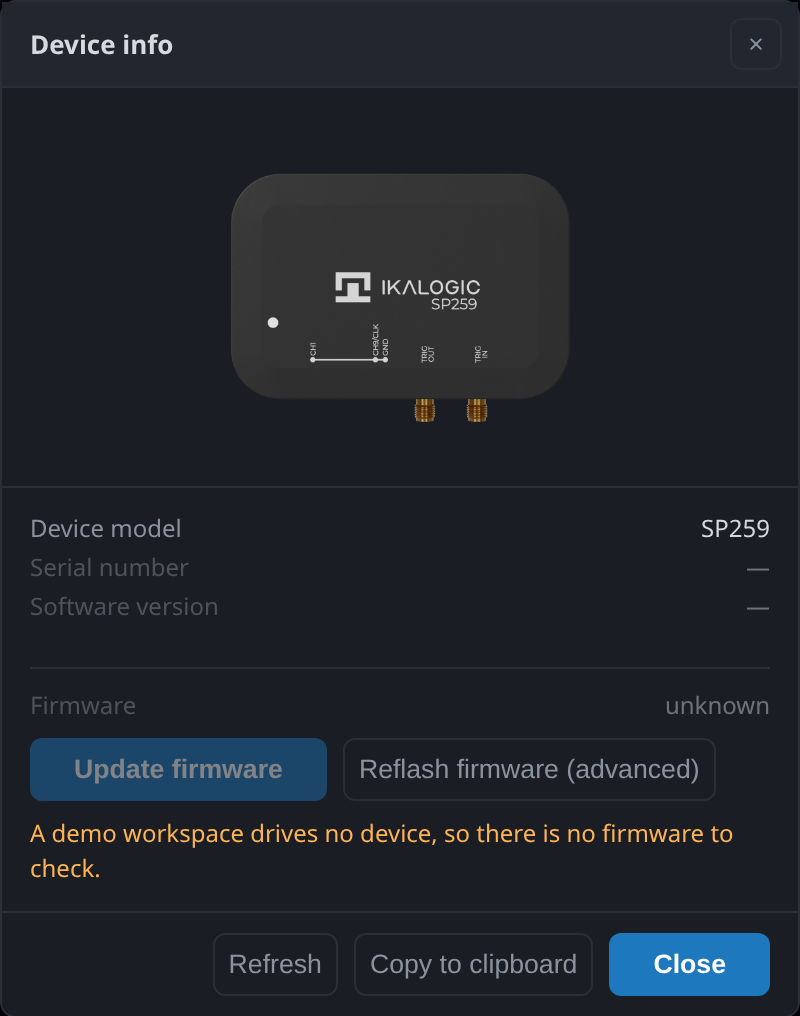 The device info dialog