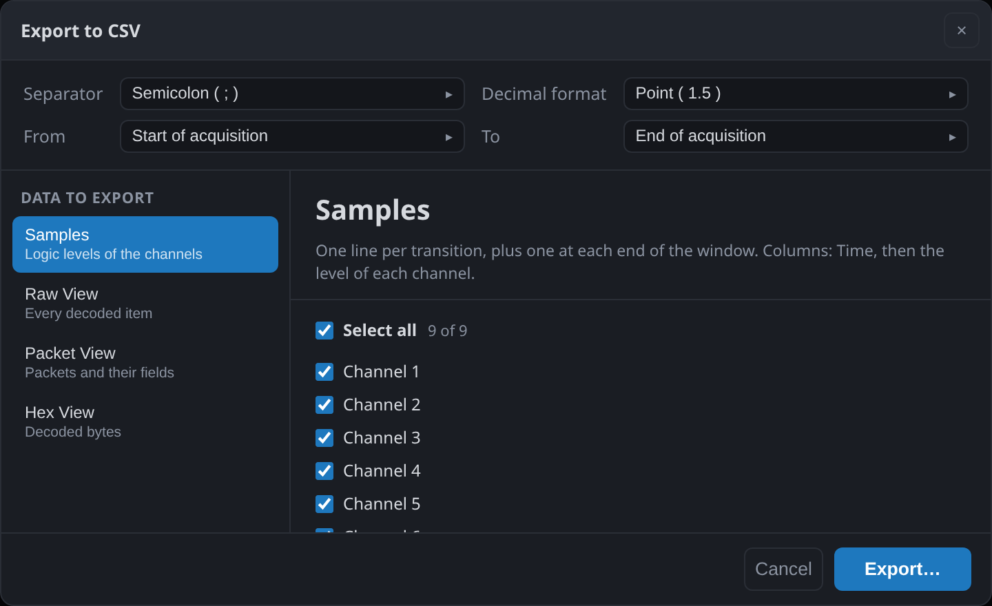 The CSV export dialog