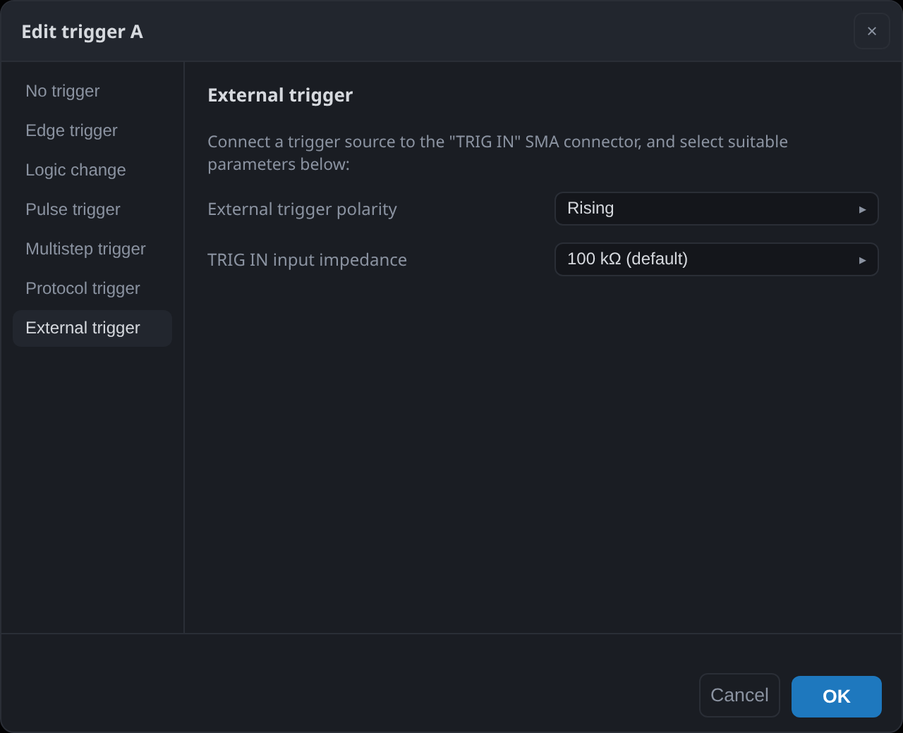 The external trigger tab